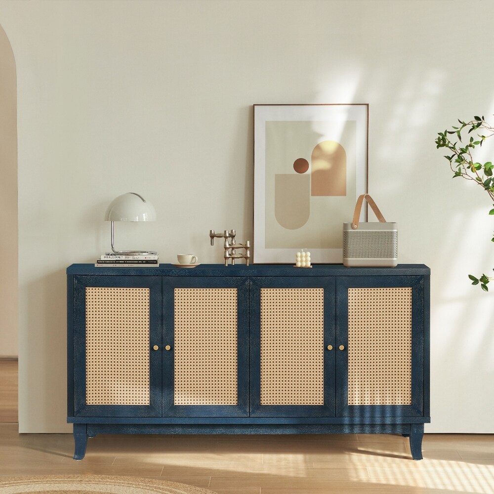 Softly Lacquer Finishes Accent Storage Cabinet Sideboard Wooden Cabinet with Antique Deep Blue 4Doors for Living Room