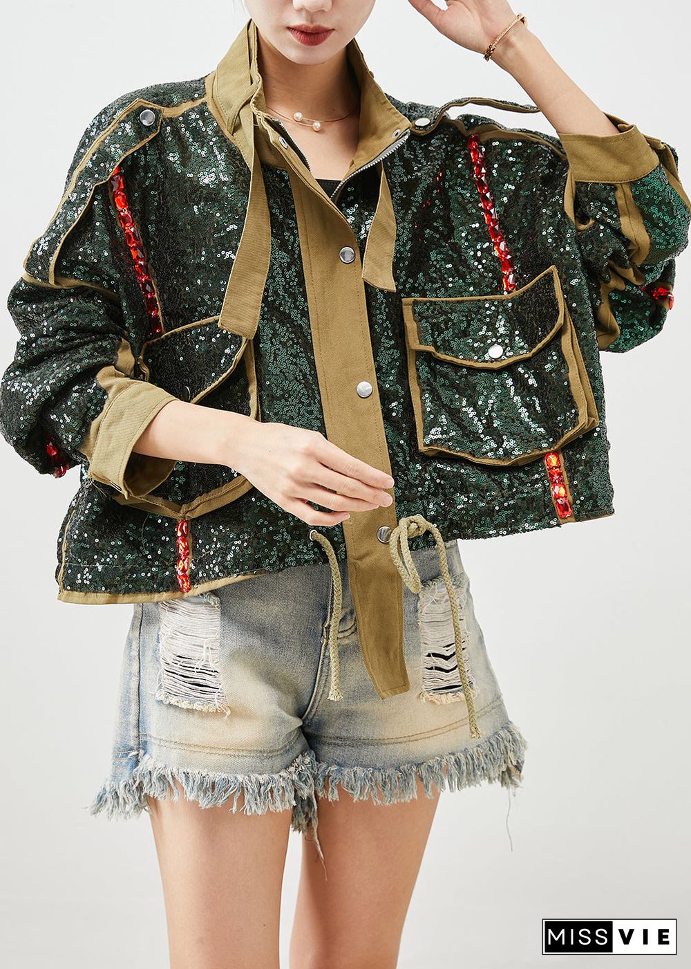 French Army Green Sequins Oversized Drawstring Jacket Fall