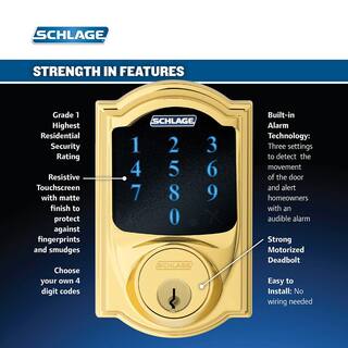 Schlage Camelot Bright Brass Connect Smart Lock with Alarm and Georgian Door Knob Handleset BE469ZP V CAM605 + FE285 V CAM 605 GEO