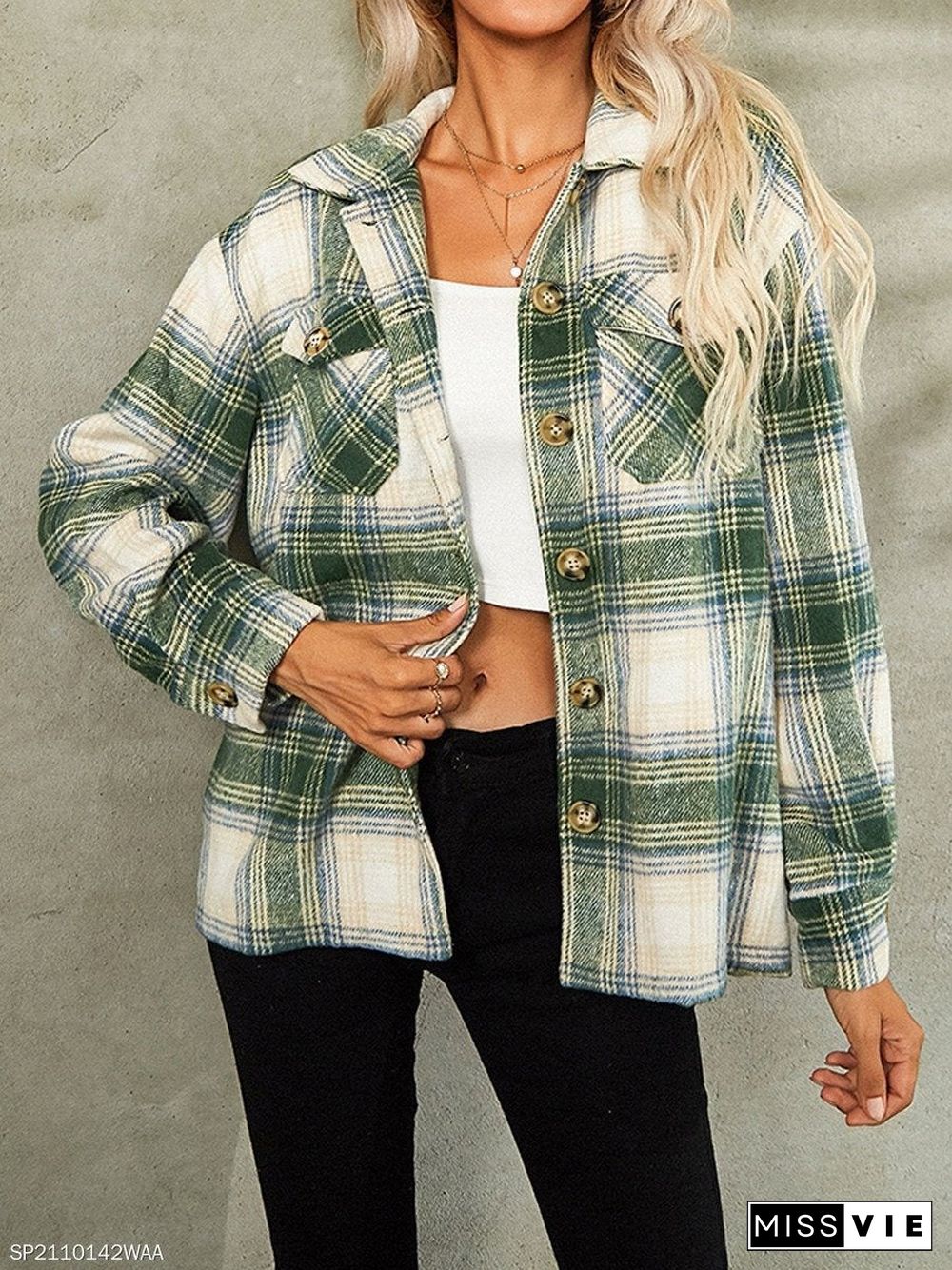 Fall/Winter Woolen Lapel Loose Women's Plaid Jacket