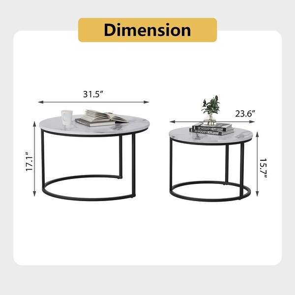 Round Nesting Coffee Table， White Modern Accent Wood Coffee Tables Set of 2， Faux Marble Coffee Table - as picture