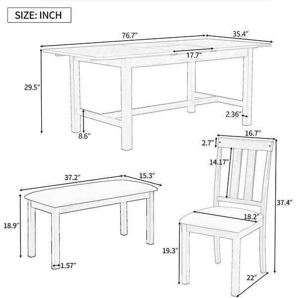 Vintage 6-piece kitchen table with adjustable length table in solid wood with 4 upholstered chairs and benches