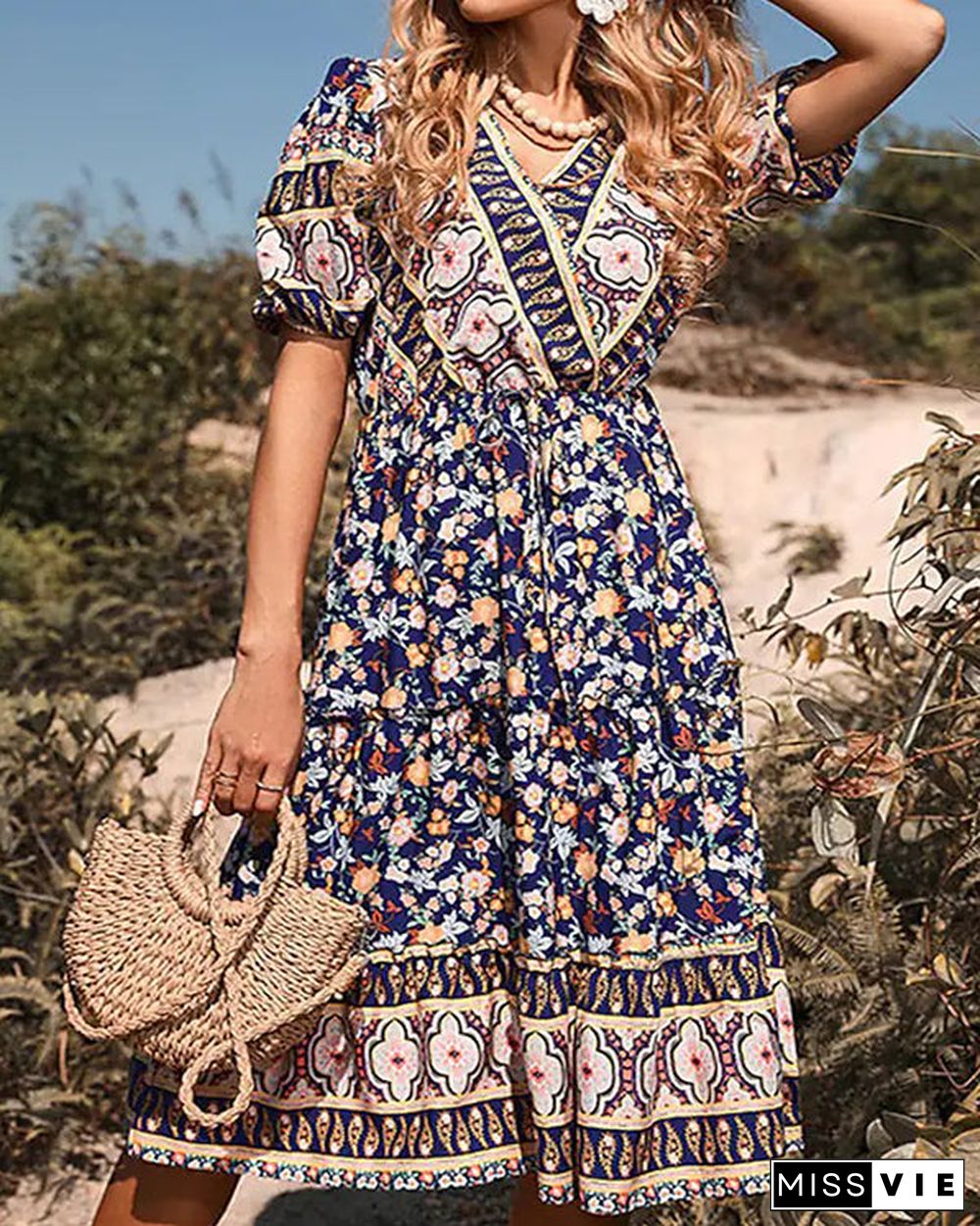 Casual Vintage Boho V-Neck Print Dress