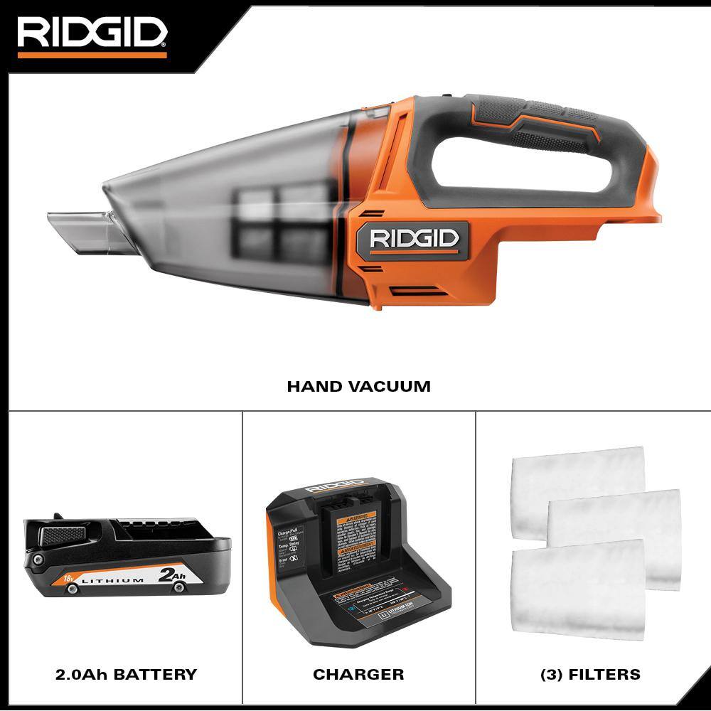 RIDGID 18V Cordless Hand Vacuum Kit with 2.0 Ah Battery and Charger with 3-Pack Hand Vac Replacement Filter R8609021KN-AC32VF31