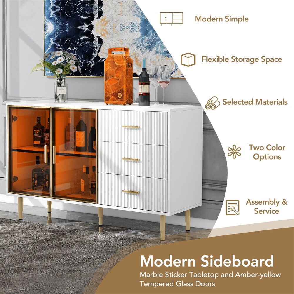 Modern Buffet Cabinet Marble Sticker Tabletop and Amber with Gold Legs