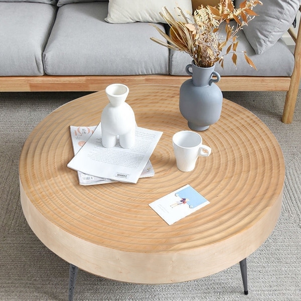 Modern Farmhouse Round Coffee Table Set， Wood Nesting Table， Natural Finish， Handcrafted Wood Ring Motif