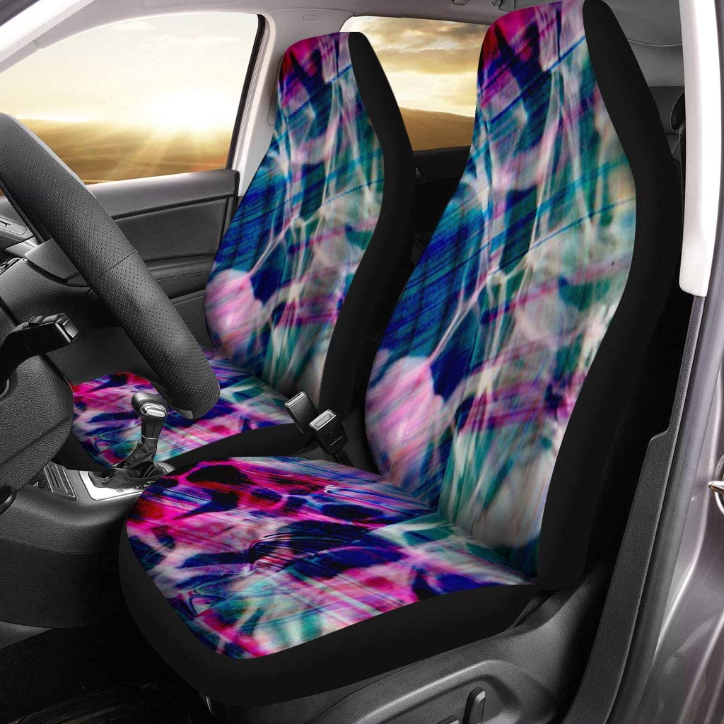 FMSHPON Set of 2 Car Seat Covers Blue Beauty Batik Tie Dye Pattern Modern Colorful Carpet Universal Auto Front Seats Protector Fits for Car，SUV Sedan，Truck