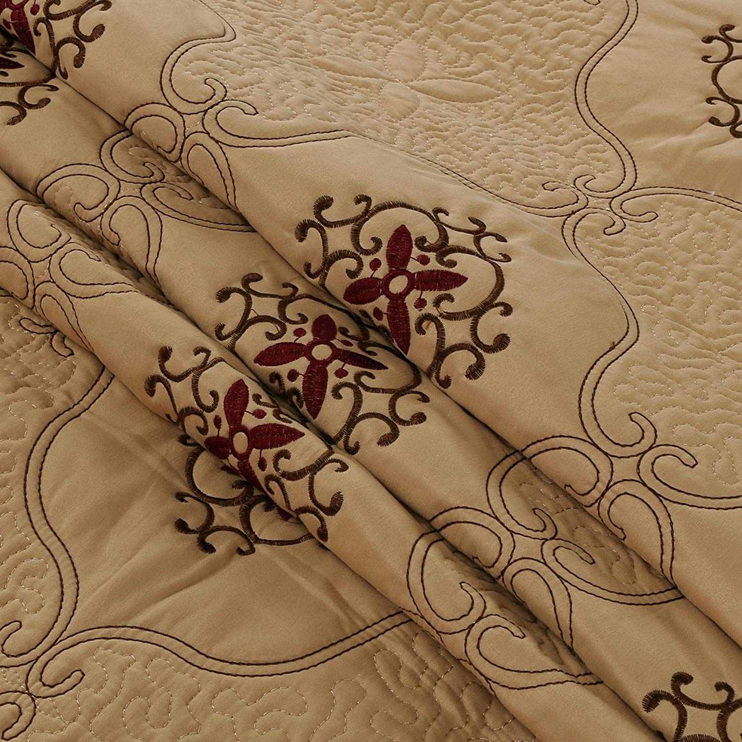 MarCielo 3-Piece Fully Quilted Embroidery Quilts Bedspreads Bed Coverlets Cover Set， Burgundy， Brown， Emma(Queen Size， Taupe)