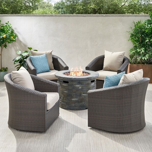 Glenwood Outdoor 5piece Wicker Aluminum Fire Pit Swivel Chat Set with Cushion by Christopher Knight Home