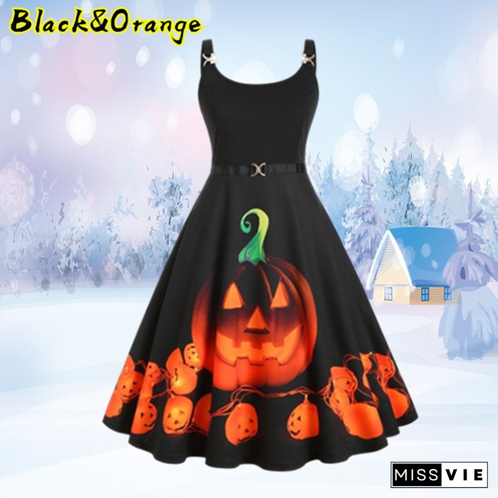 Plus Size Fashion Women Pumpkin Elk Santa Print Dress Autumn and Winter Halloween Christmas Costume Sleeveless Dresses Casual Swing Party Dress