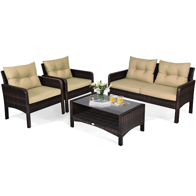 Tangkula 4 Pieces Patio Conversation Set Rattan Wicker Loveseat Sofa Coffee Table amp Glass Top