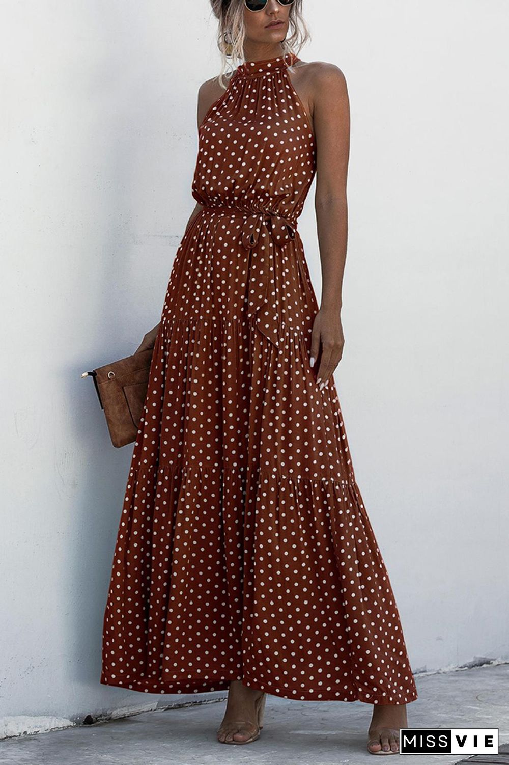 Halter Polka Dot Print Tie Waist Maxi Dress Wholesale