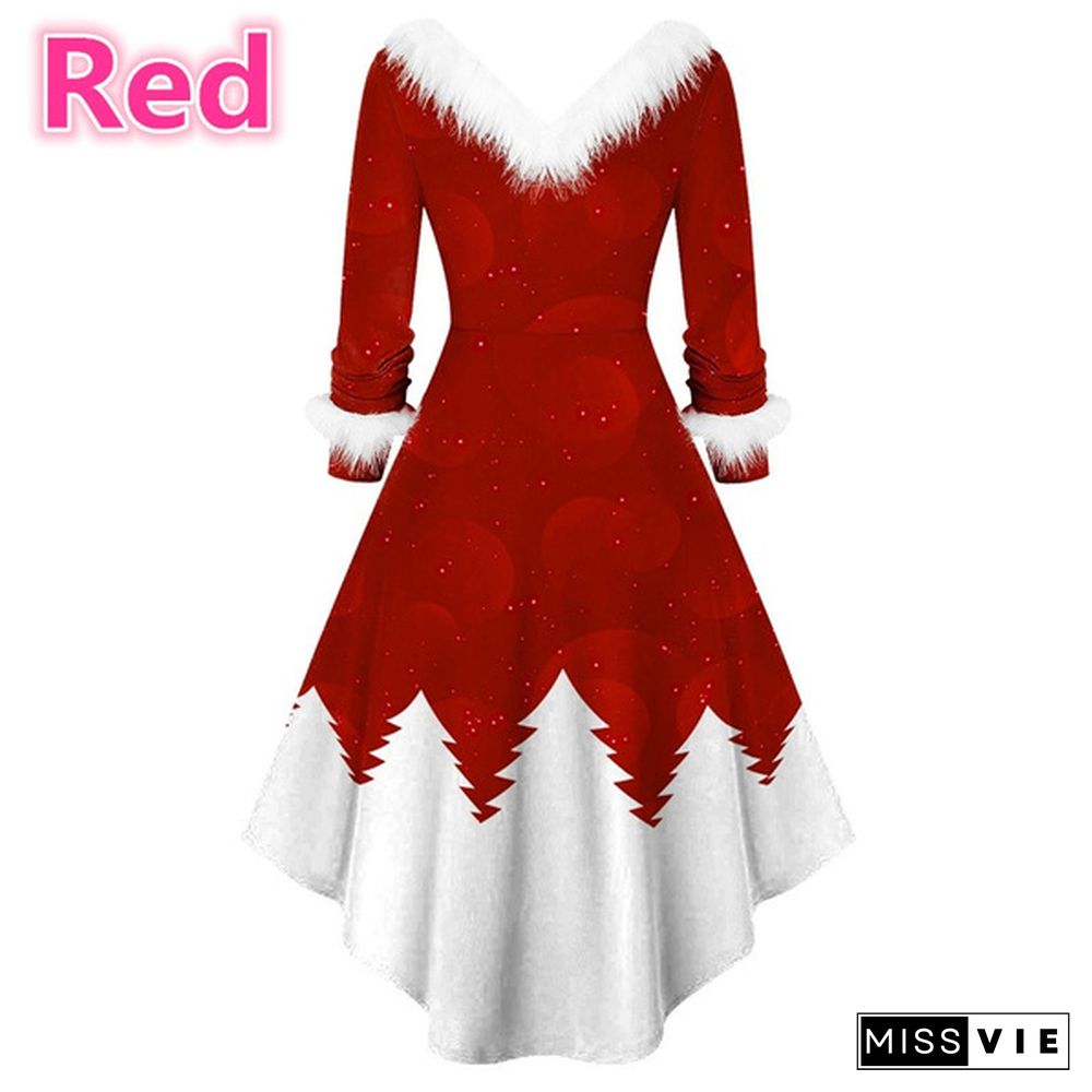 Plus Size Xs-5Xl Christmas Dress Fashion Women Long Sleeve Vintage Elegant V Neck Christmas Print Big Swing Party New Year Winter Clothes