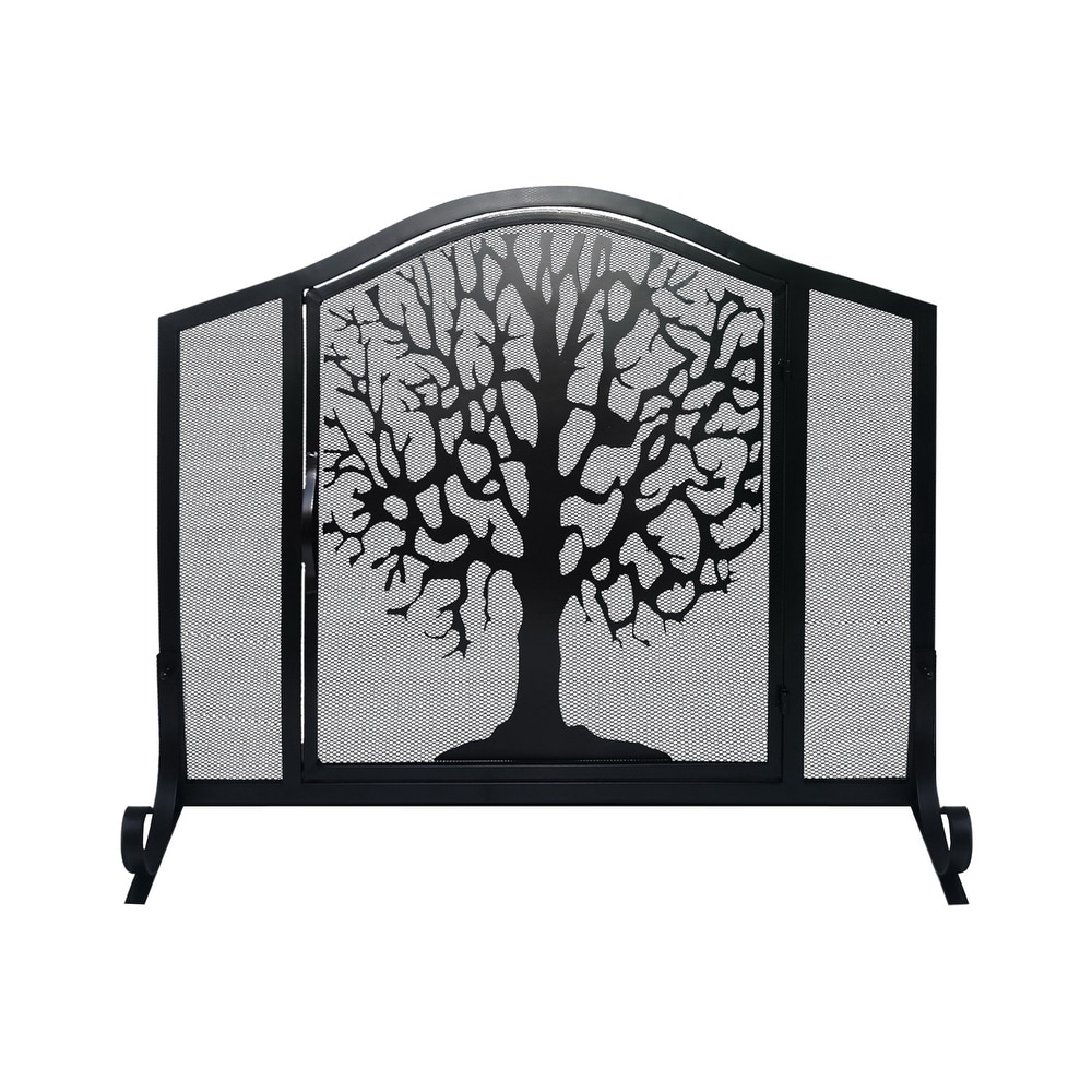 43 Inches 3 Panel Iron Fireplace Screen  Mesh Design  Arched Top  Tree of Life Art  Black