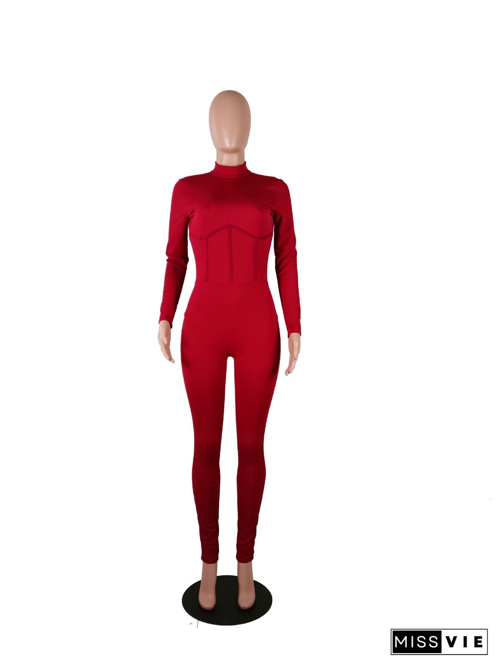 Women's Splicing Collect Waist Long Sleeve Backless Jumpsuit