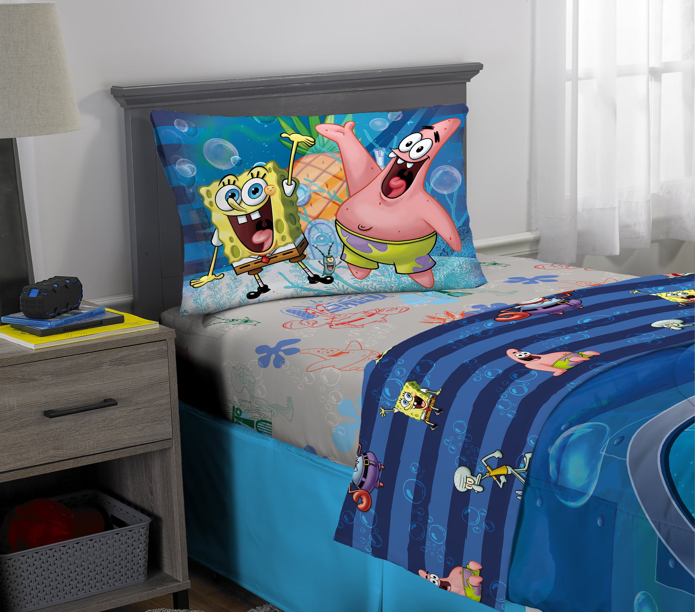 SpongeBob SquarePants Kids Comforter and Sham， 2-Piece Set， Twin/Full， Reversible， Blue