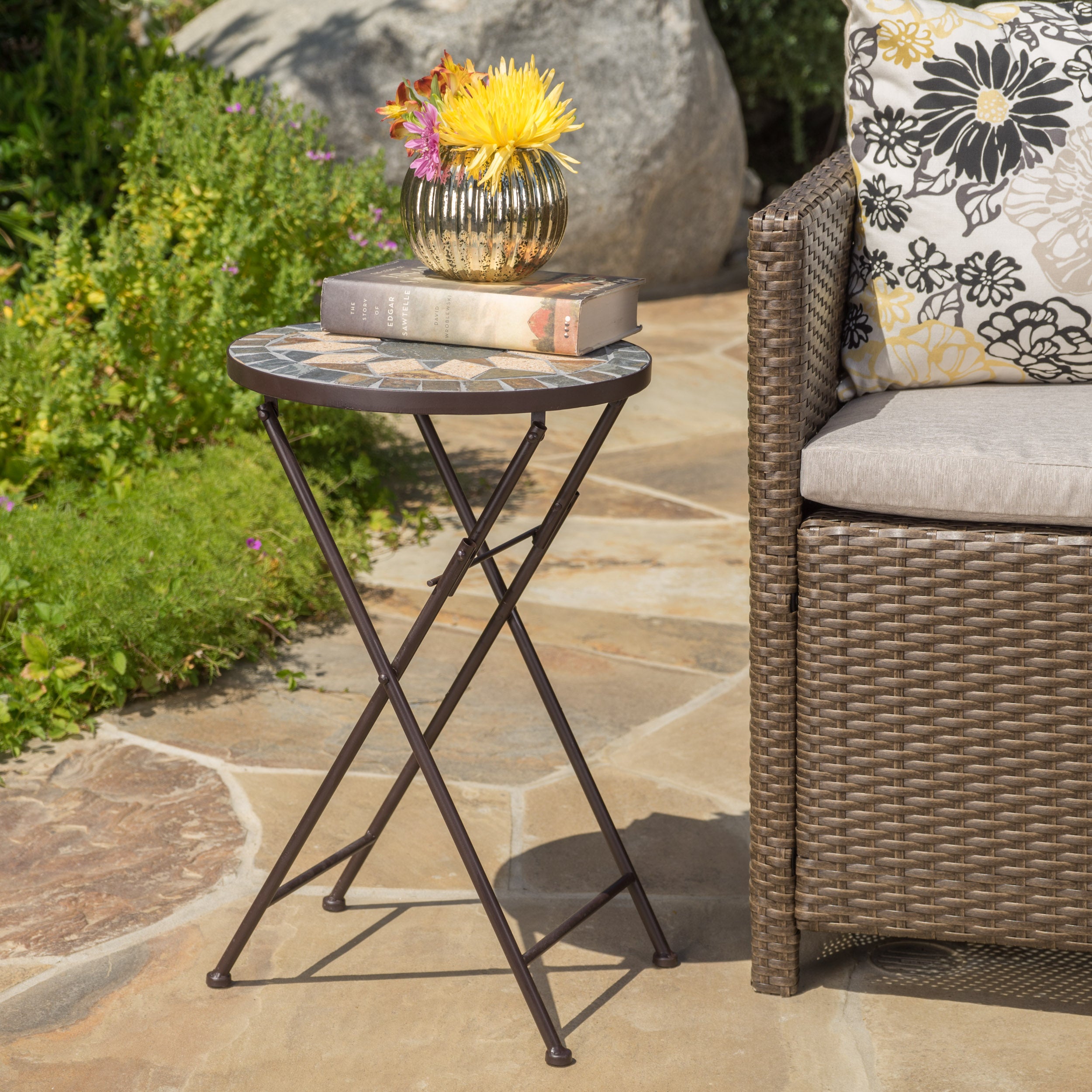 Sandor Outdoor Beige and Black Stone Side Table with Iron Frame