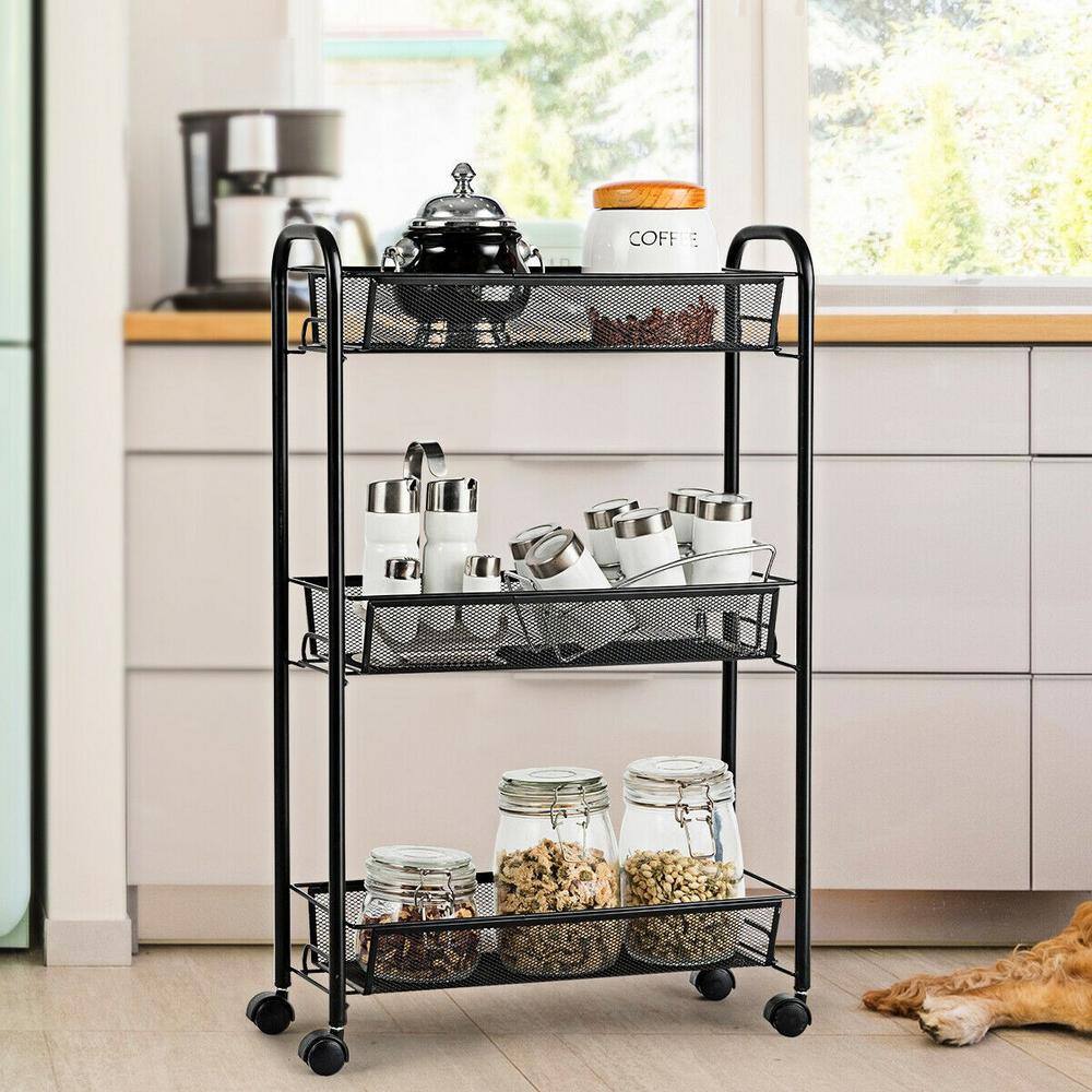 Boyel Living 3-Tier Mesh Rolling Cart Mobile Organizer Stand Utility Cart Trolley in Black HYSN-63143BK