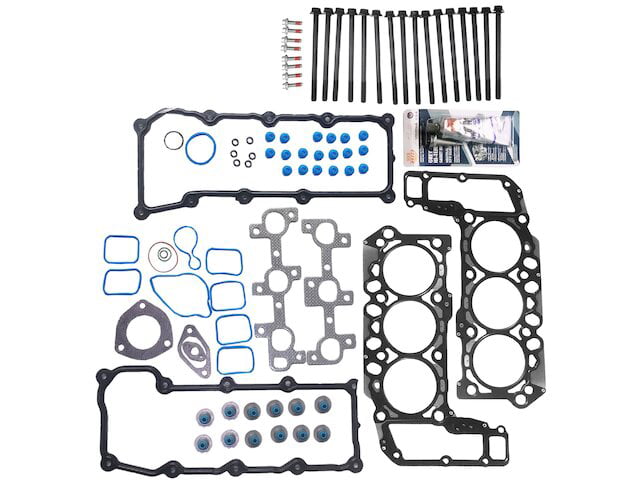 Upper and Lower Cylinder Head Gasket Set - with 24 Head Bolts， Valve Cover Gaskets， Valve Stem Seals， Manifold Gaskets， Camshaft Seal， and O-Rings - Compatible with 2002 - 2005 Jeep Liberty 2003 2004