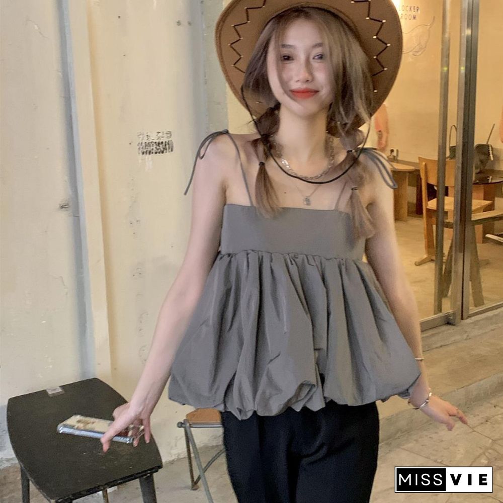 Camisole Women Summer Fashion Loose Spaghetti Strap Korean Style Elegant All-Match Pleated Cozy Lovely Leisure Female Crop Tops