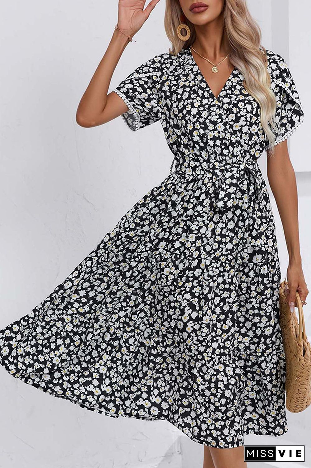 Wrap V Neck Tulip Sleeves Maxi Floral Dress