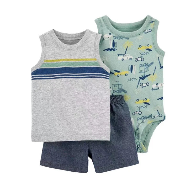 Summer Newborn Baby Boy Set 6-24M Cute Cartoon Dinosaur Cotton Clothing Short Sleeve+Shorts+jumpsuit Infant Clothes 3Pcs Outfits