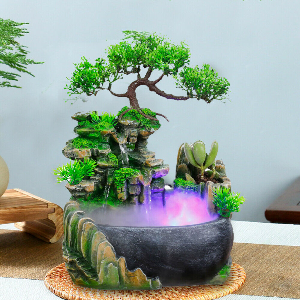 Miumaeov Resin Desktop Atomizing Rockery Fountain Waterfall+LED Lamp for Decor Electric Home Office Desk