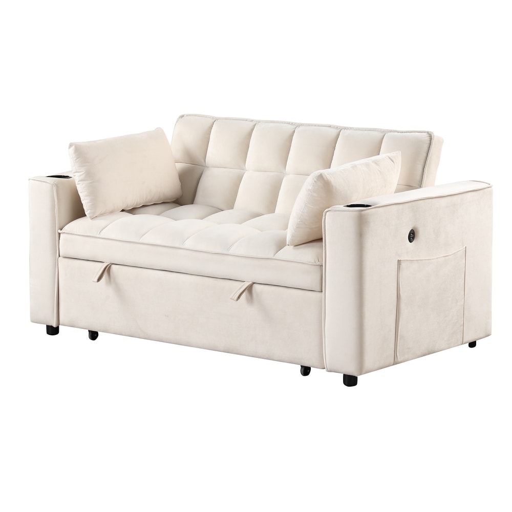 Velvet Upholstered Sofa Bed Convertible Sleeper Sofa with Cup Holder and USB Port   Perfect for Living Rooms and Apartments