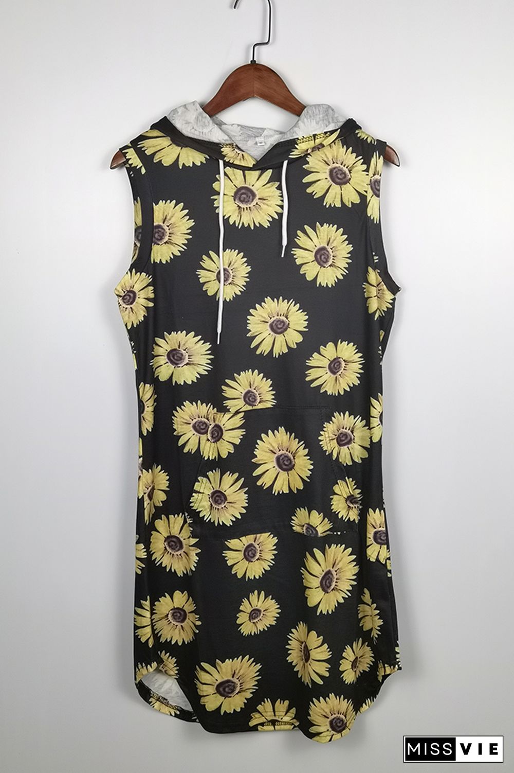 Leopard Sunflower Print Sleeveless Hooded Dress with Pockets