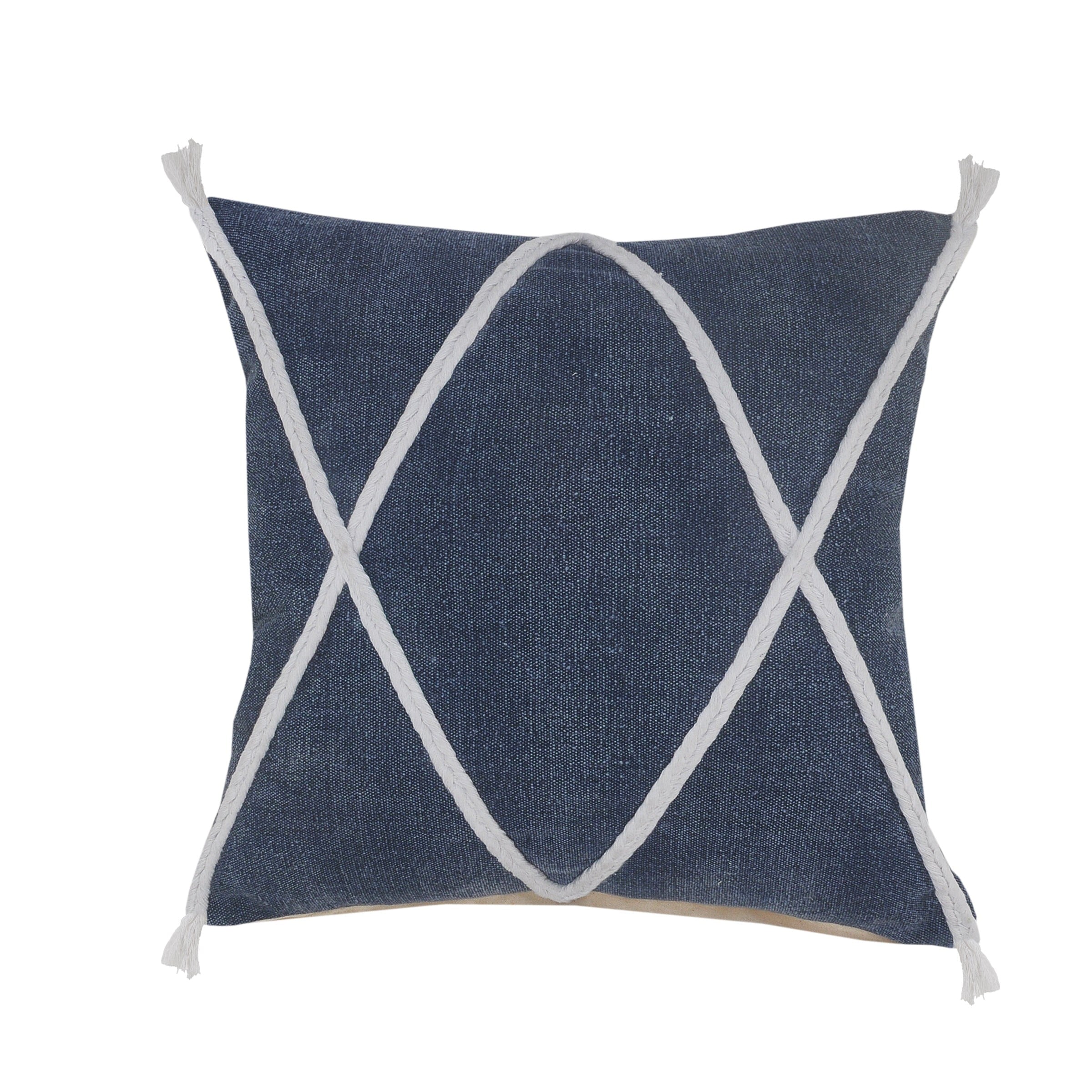 Birch Harbor Coastal Geometric Braided and Tasseled Throw Pillow