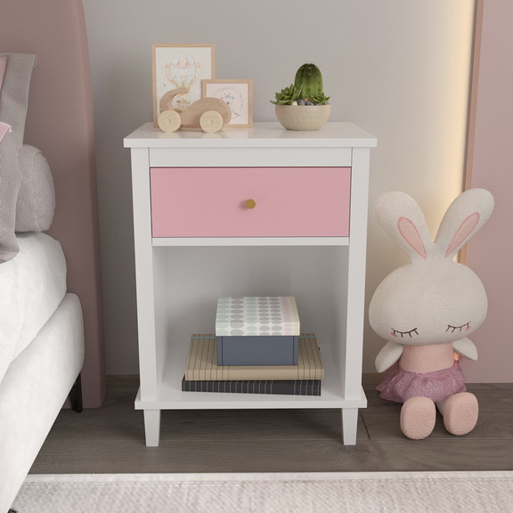 Wooden Nightstand with One Drawer One Shelf for Ki...