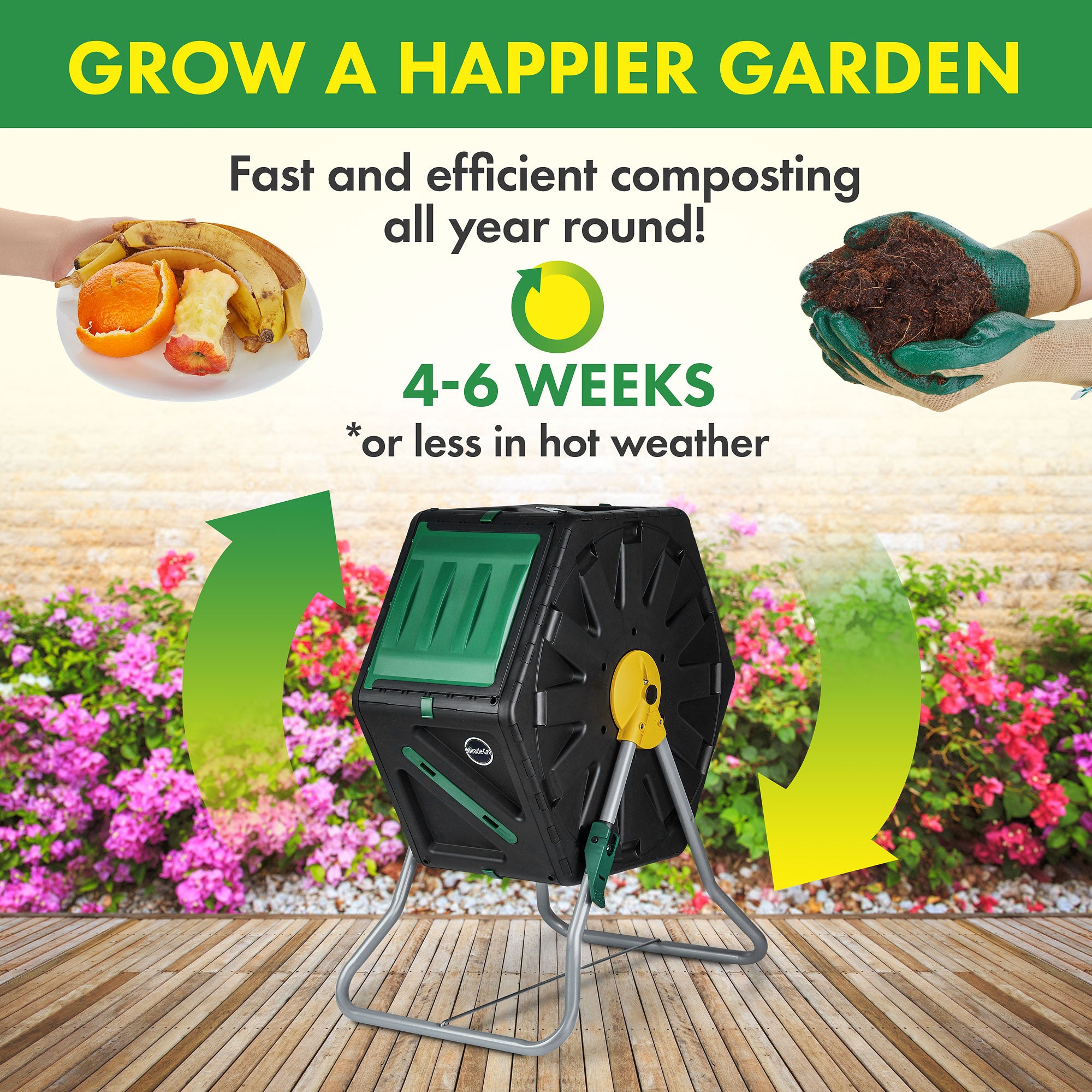 Miracle-Gro Single Chamber Outdoor Garden Compost Bin - 18.5gal (70L) Capacity - Heavy Duty, Easy to Assemble Tumbling Composter - Gardening Gloves Included