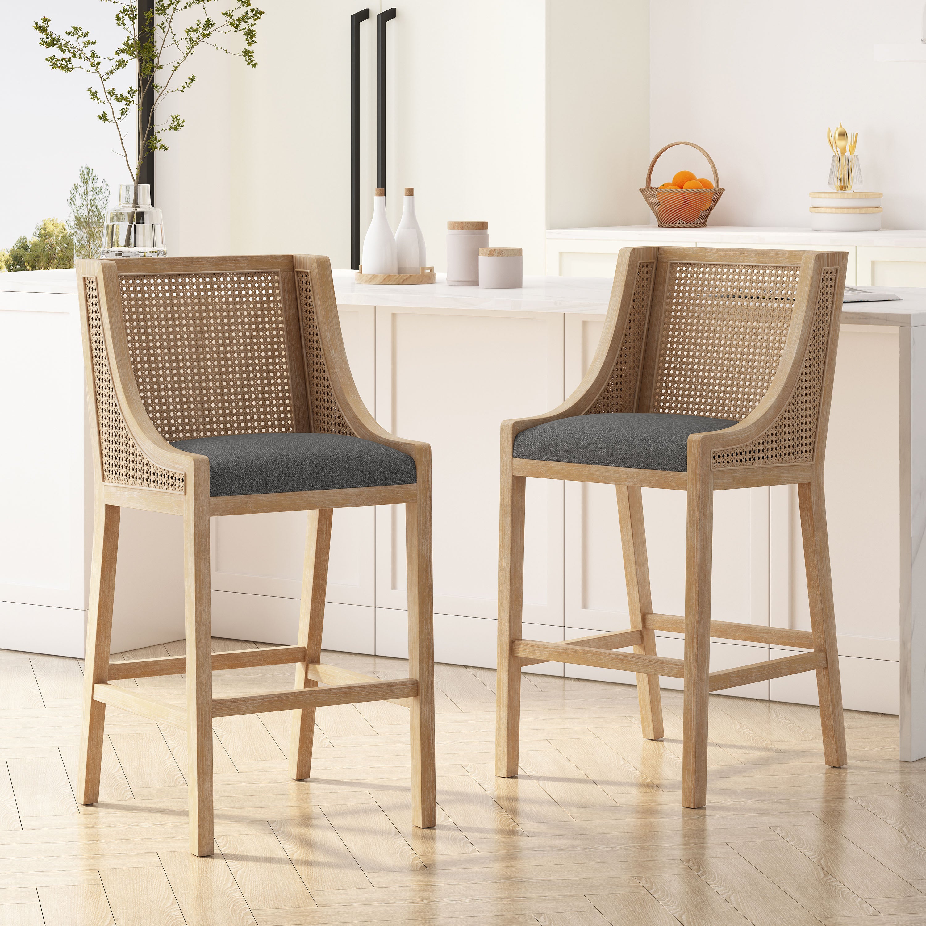 Oneida Rustic Fabric Upholstered Wood and Cane 30 inch Barstools, Set of 2