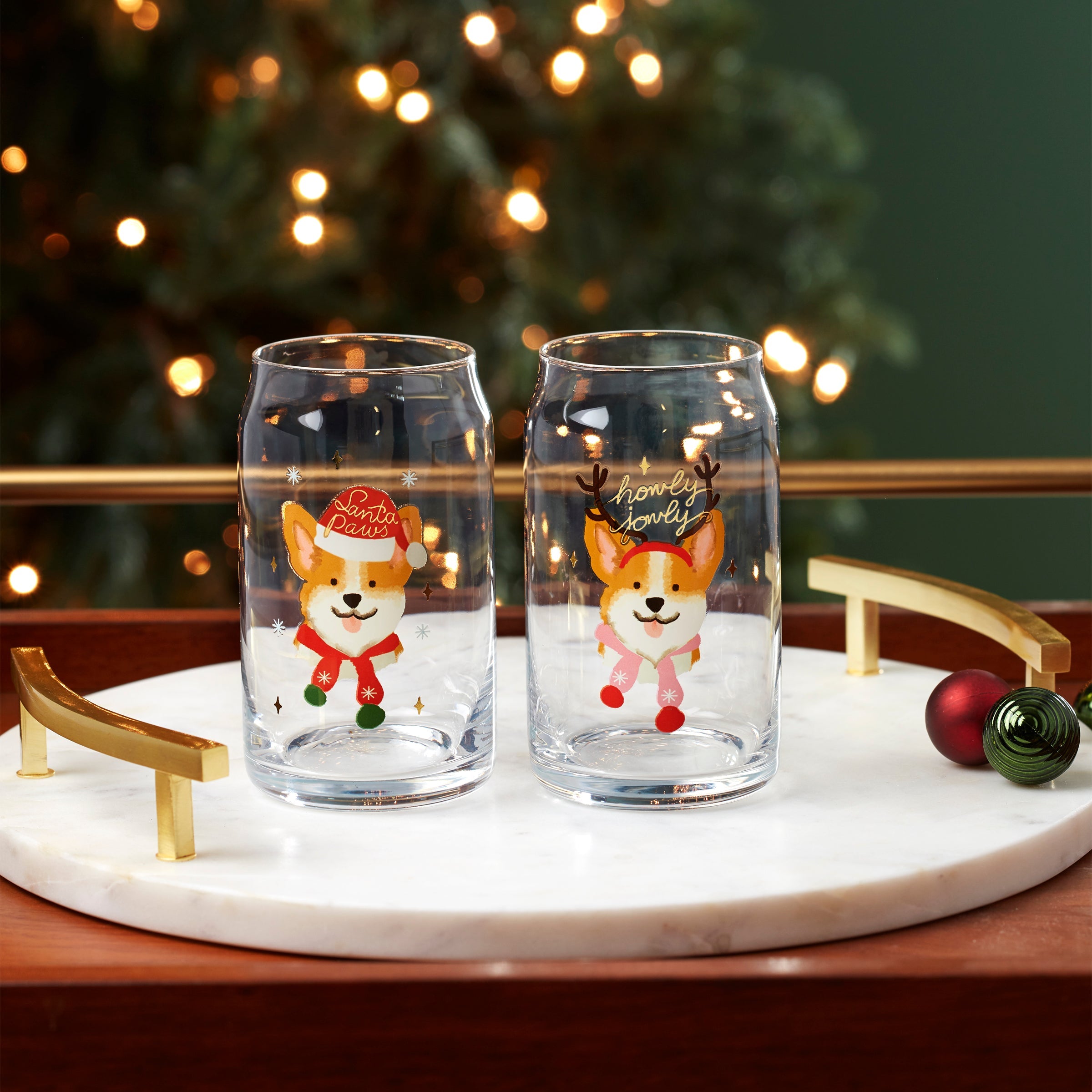 16 Oz Holiday Corgi Cocktail Glasses, Set Of 2