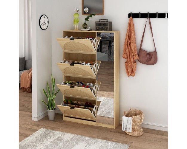 H Modern Space saving Shoe Rack Storage Cabinet With Rattan And Mirror Doors For 24 Pairs And 4 Flip Down Drawers maison Boucle