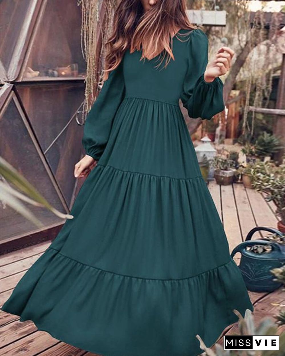 Women Retro Solid Color Back Zipper Puff Sleeve Loose Casual Maxi Dress