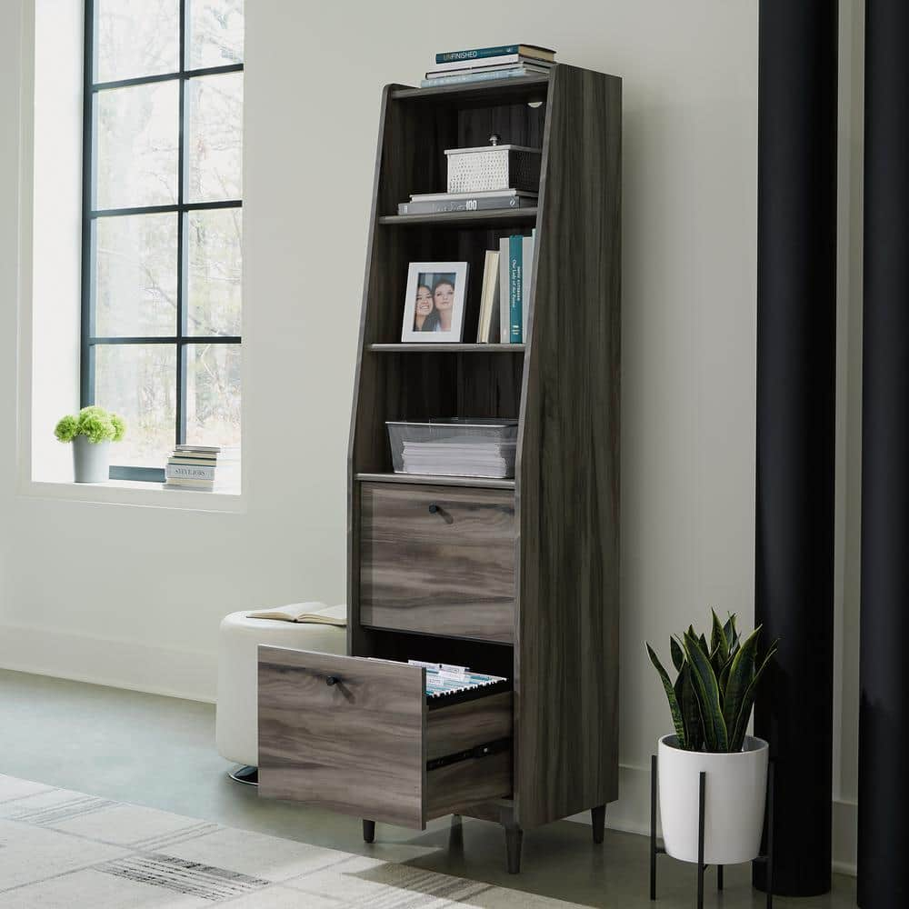 SAUDER Harvey Park 70.394 in. Jet Acacia 3-Shelf Accent Bookcase with File Storage 428187