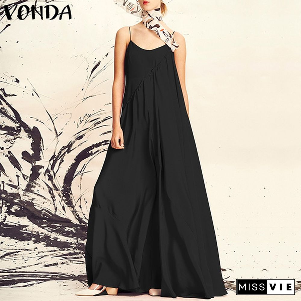 Women Sleeveless Solid Color Straps Maxi Dress Oversized Summer Holiday Beach Sundress