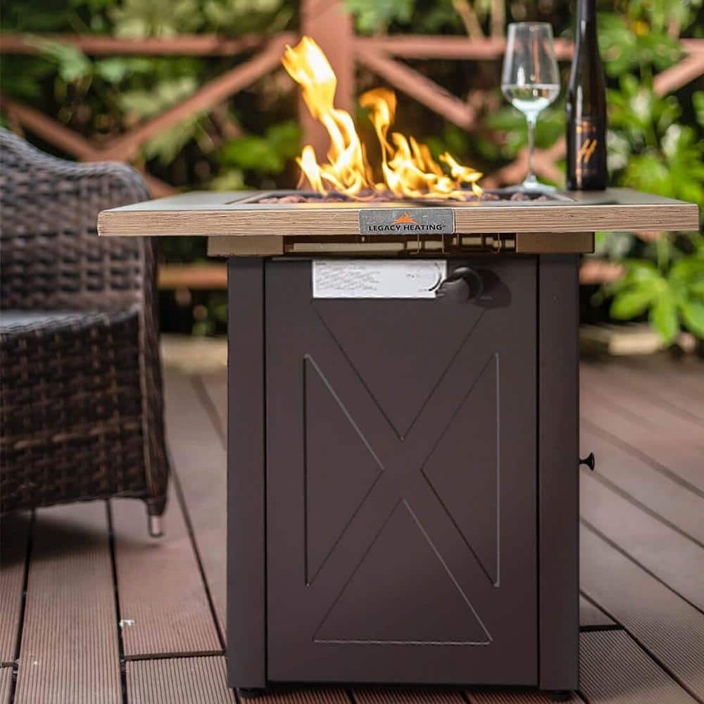 Afoxsos 28 in. 48,000 BTU Outdoor Gas Fire Pit Table, Square Outdside Propane Patio Firetable, Bionic Wood Grain Lid HDMX680