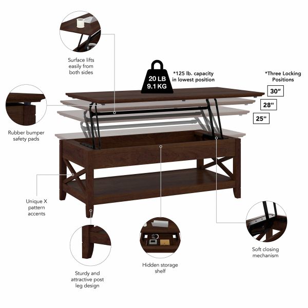 Bush Furniture Key West Tall TV Stand with Lift Top Coffee Table Desk and End Tables in Bing Cherry