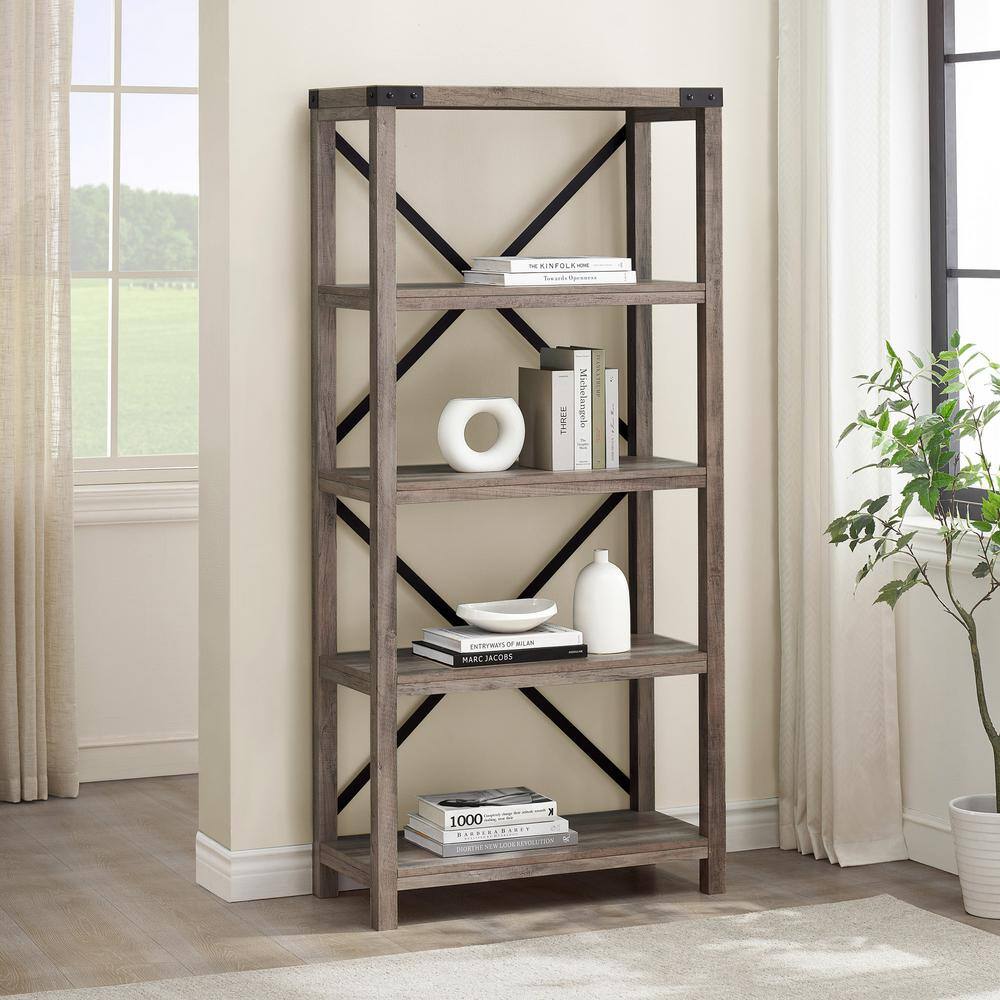 Walker Edison Furniture Company 64 in. Gray Wash Wood 4-shelf Etagere Bookcase with Open Back HDS64MXGW