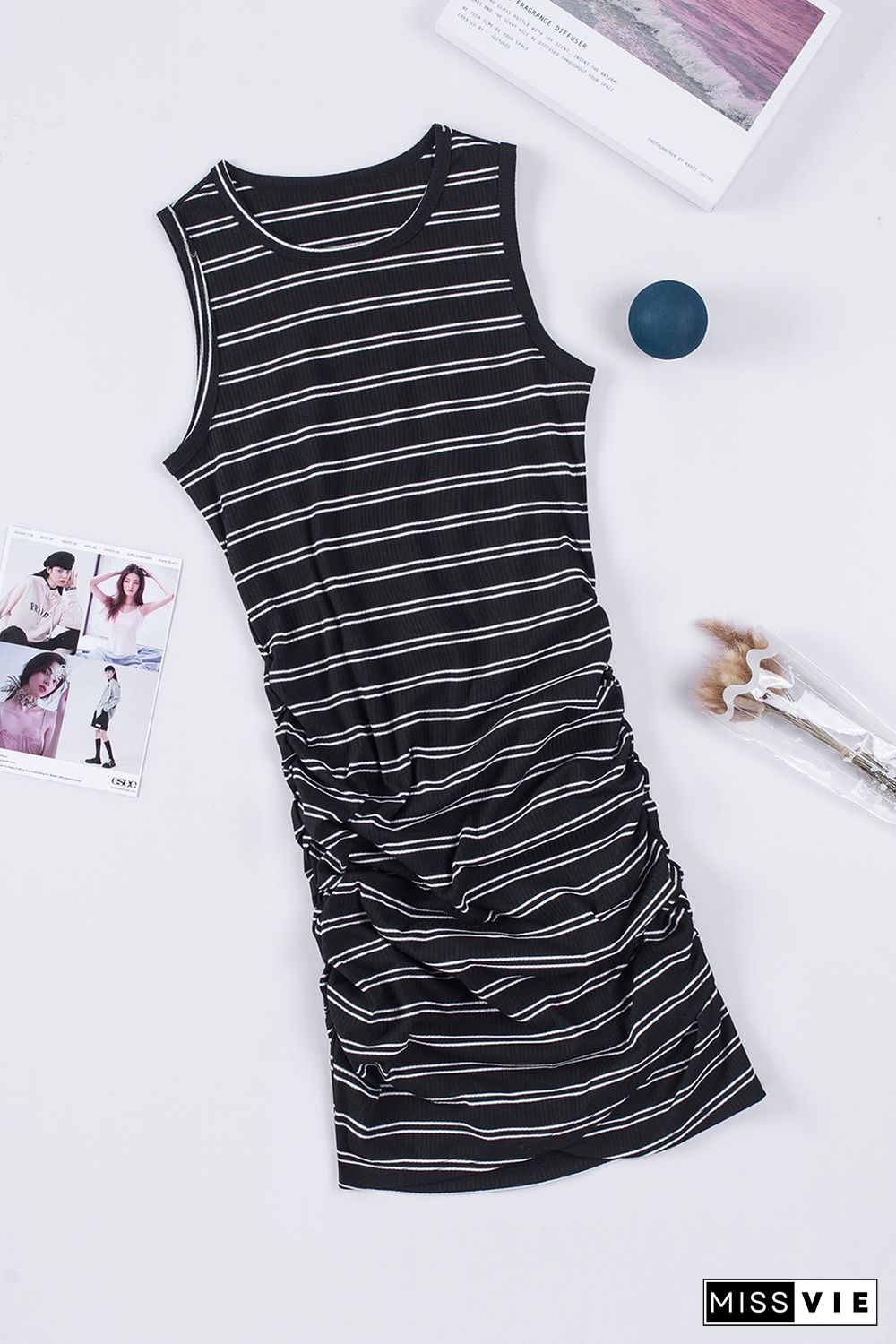 Black Striped Print Crew Neck Tank Mini Dress