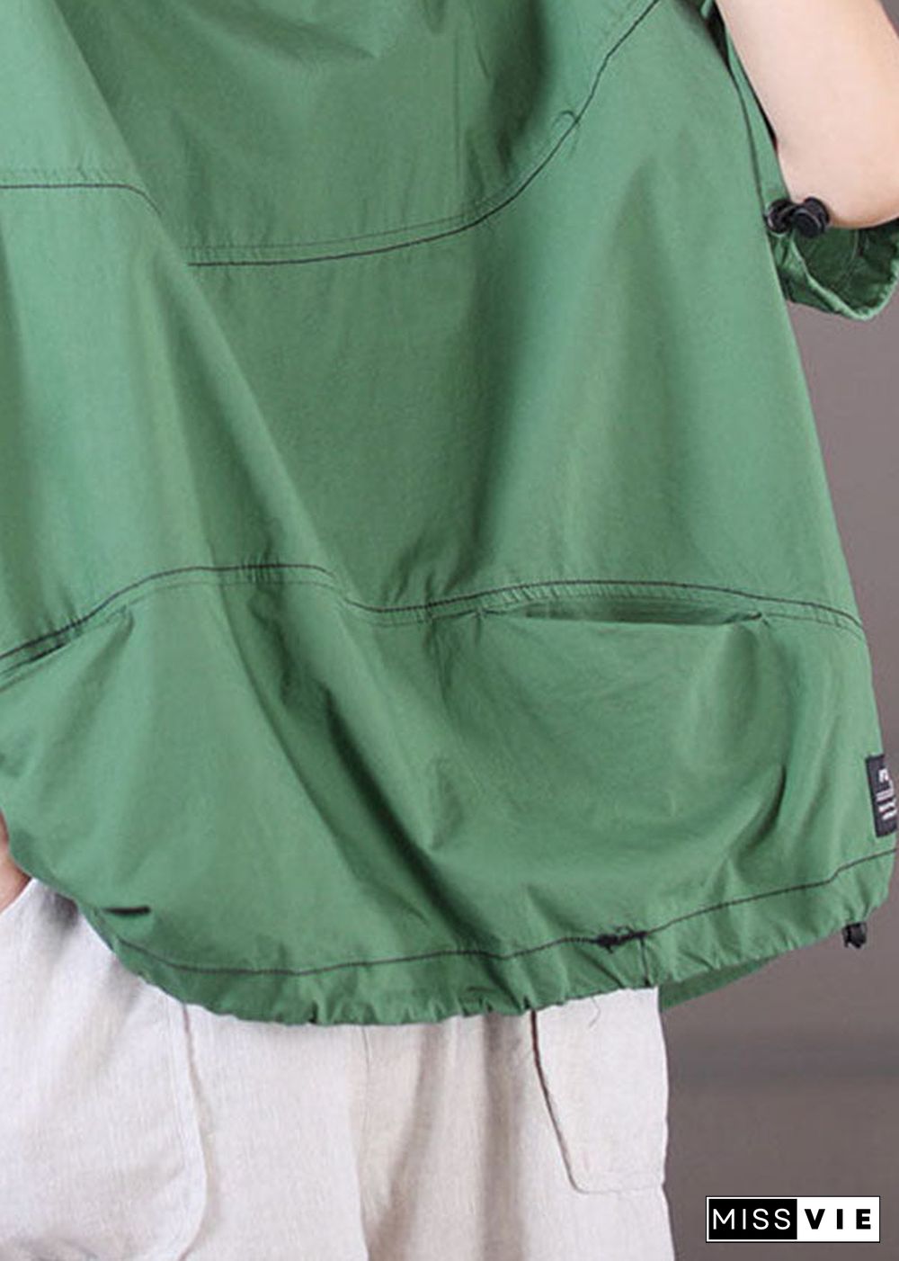 Green Pockets Cotton Tank Tops O-Neck Drawstring Short Sleeve