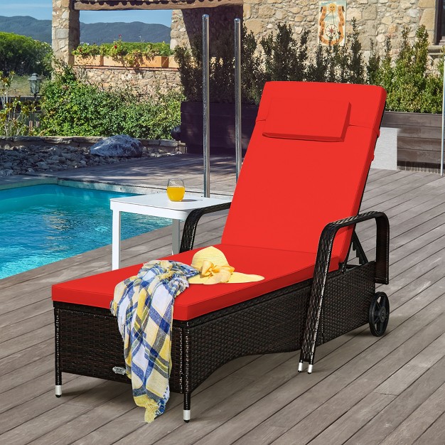 Patio Rattan Lounge Chair Chaise Recliner Adjust Cushion Red amp Off White Cover