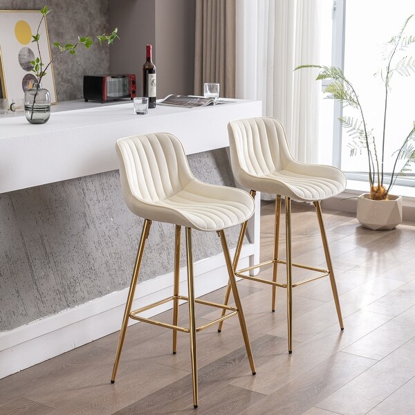 30 Inch Set Of 2 Bar Stools With Chrome Footrest Velvet Fabric Counter Stool Golden Leg Simple High Bar Stool for Living Room