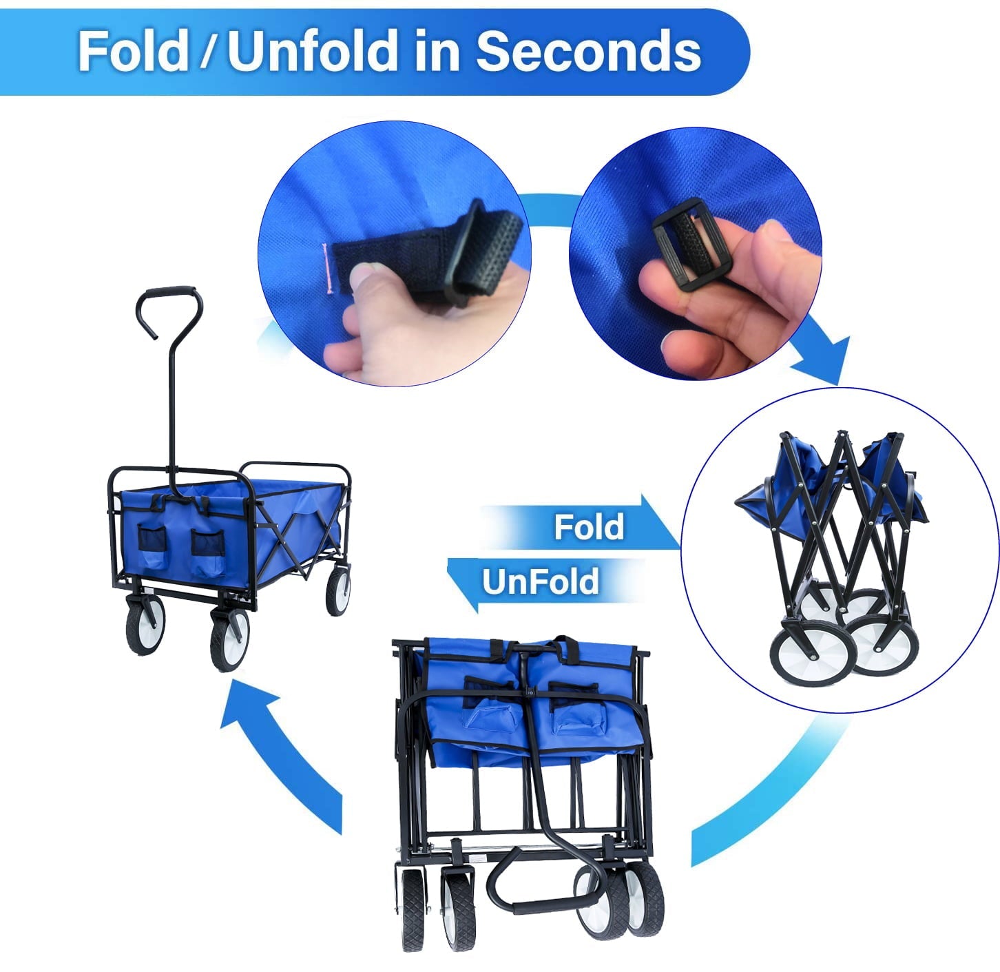 Outdoor Collapsible Folding Utility Wagon with Universal Wheels & Adjustable Handle for Shopping, Garden, Park Picnic and Beach Camping，Blue