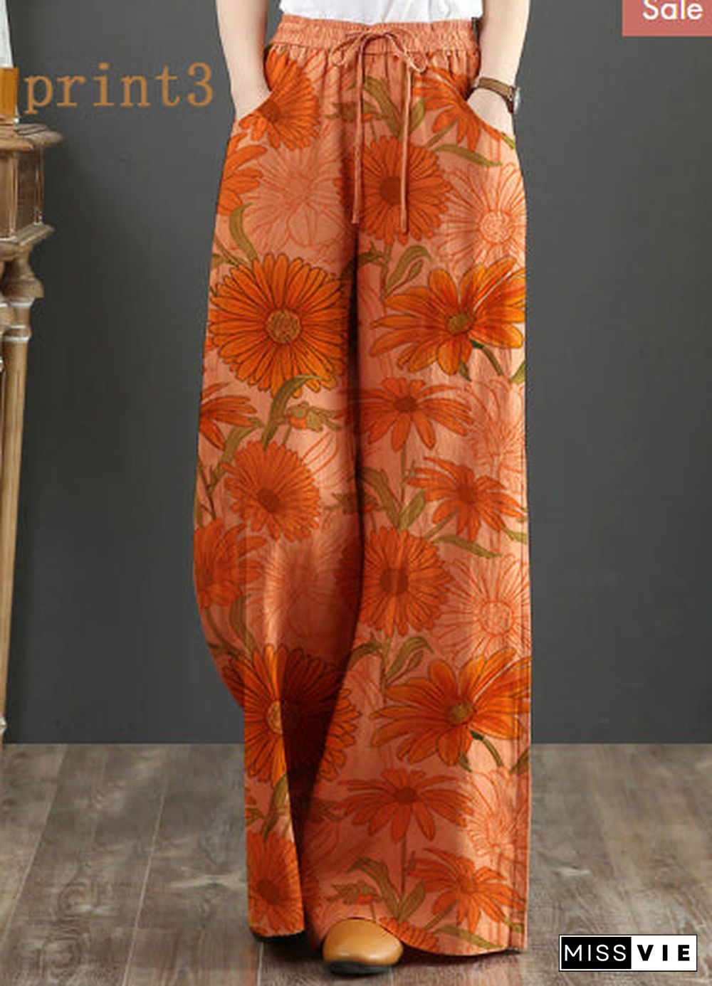 Orange Elastic Waist Linen Straight Pants Solid Color Drawstring Summer