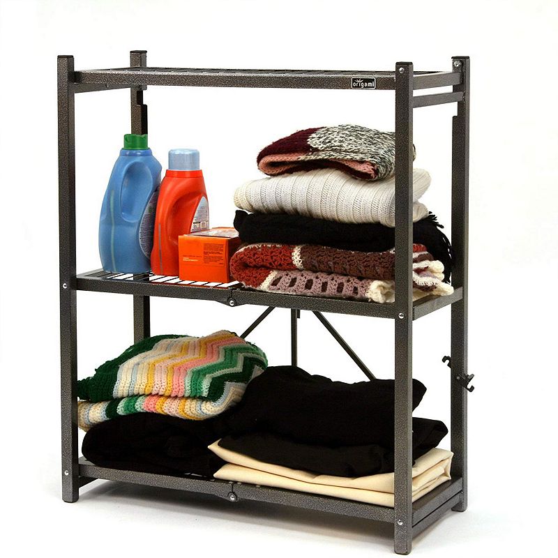 Origami R3 General Purpose Foldable 3-Tiered Shelf Storage Rack and Wheels， Pewter