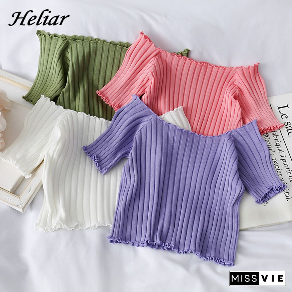 Heliar Women Off Shoulder T-Shirts Knitted Ruffles Hem Crop Tops Short Sleeve T-Shirts For Women Summer Tops Female