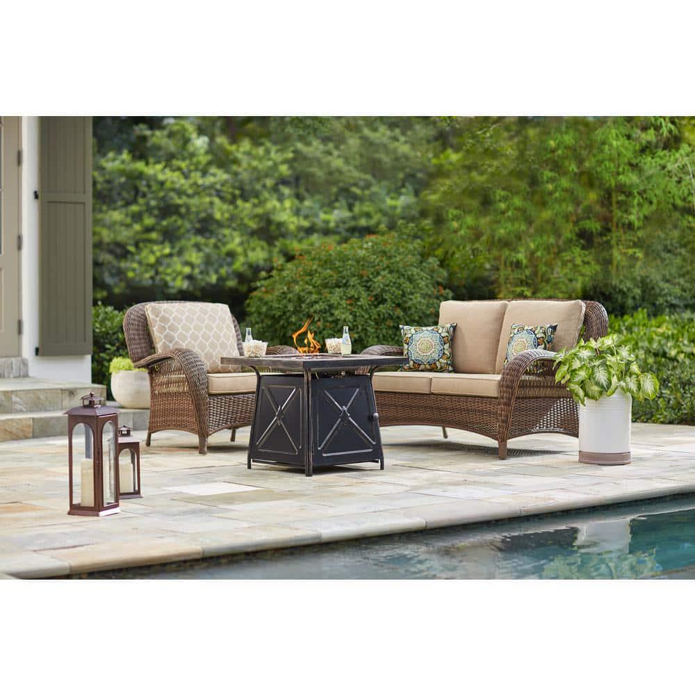 Hampton Bay Beacon Park Brown Wicker Outdoor Patio Loveseat with Toffee Tan Cushions